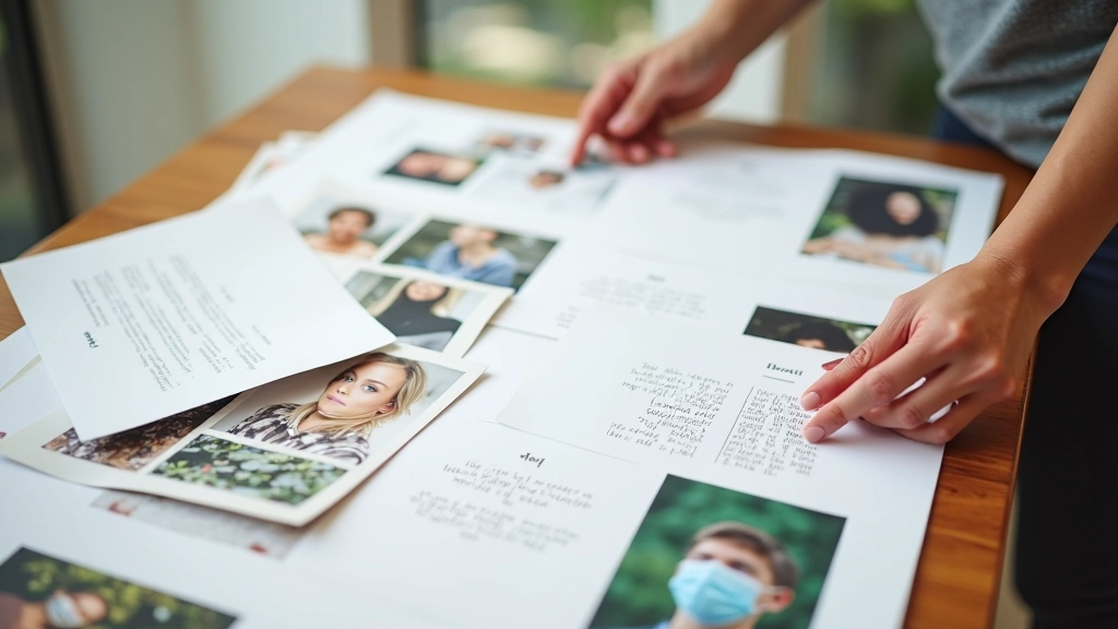 Close-up of hands arranging magazine cutouts and photos on a vision board with text and goals written underneath each image
