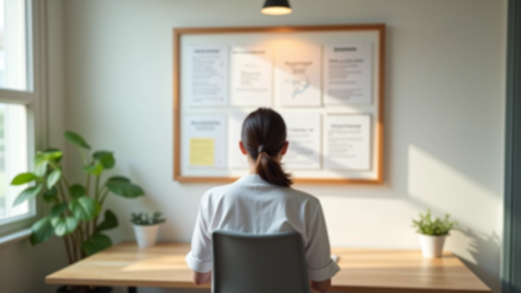 Vision board displayed on a wall above a desk with person looking at it thoughtfully during morning routine, natural light from window